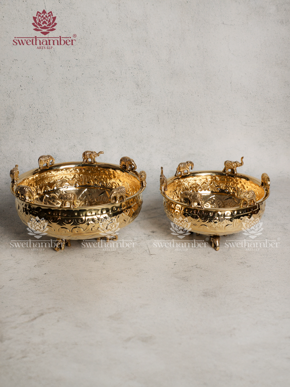 Lightweight Brass Urli with elephant design Decor/ Gifting