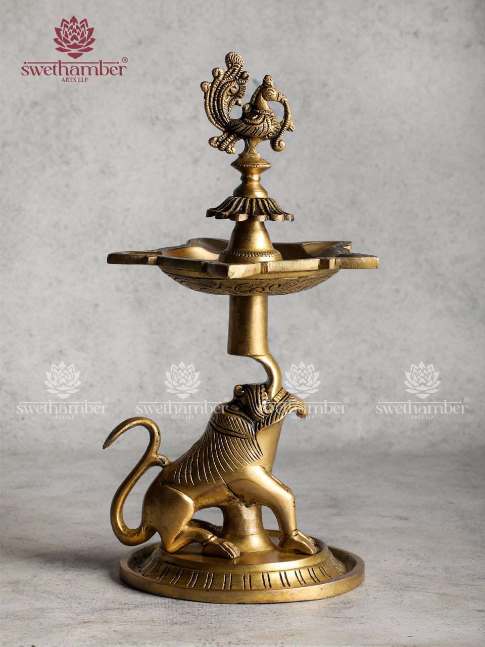 Brass Yali Peacock Lamp with 5 wicks