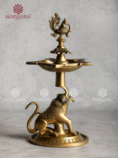 Brass Yali Peacock Lamp with 5 wicks