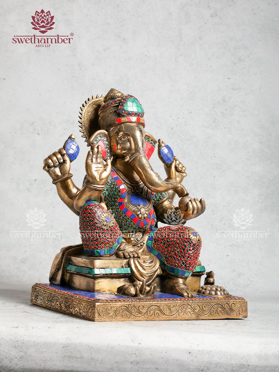 Brass Ganesha Idol With Multi Coloured Stone Work For Pooja & Home Décor
