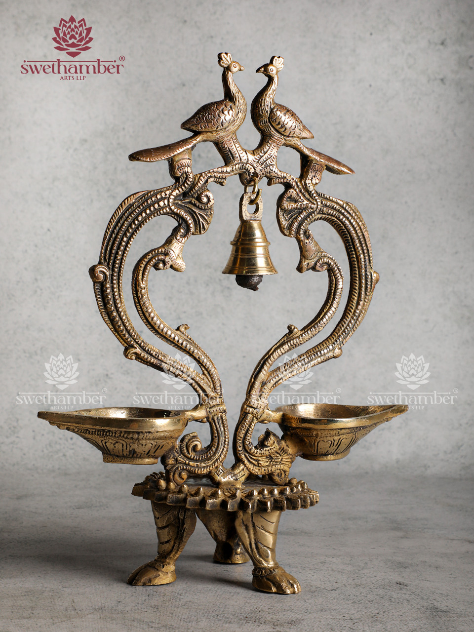 Double Peacock Brass Lamp with Bell– Traditional Deepa