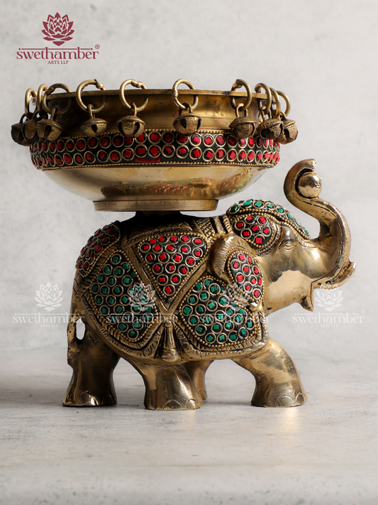 Handcrafted Brass Elephant with Urli for Home Décor