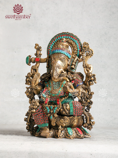 Brass Ganesha on Lotus Base with Stone work