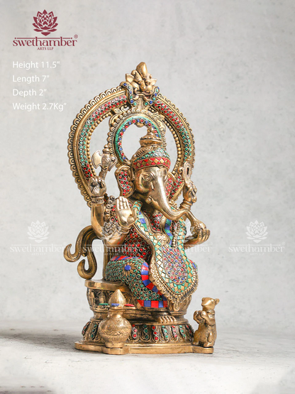 Ganesha Brass Sculpture With Stone Work