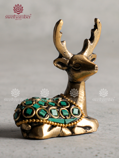Handcrafted Brass Sitting Deer Statue Pair for Home Décor