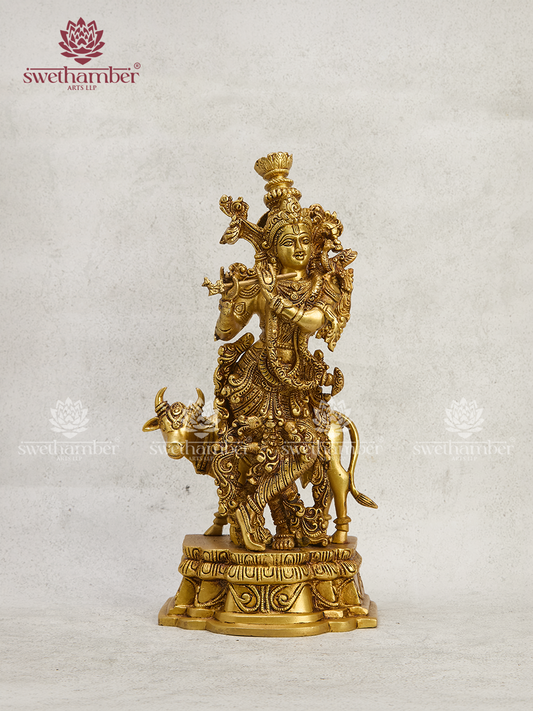 14 Inch Brass Cow Krishna Statue | Handmade Lord Krishna with Cow Idol – Swethamber Arts