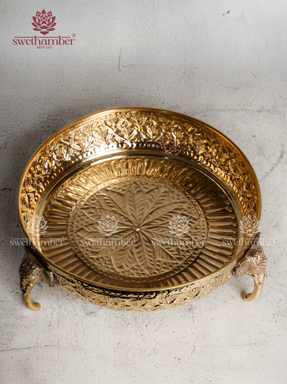 Decorative Brass Urli with Elephant Face Stand