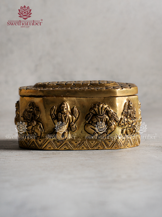 Antique Finish Brass Design Box for Jewellery & Pooja Items