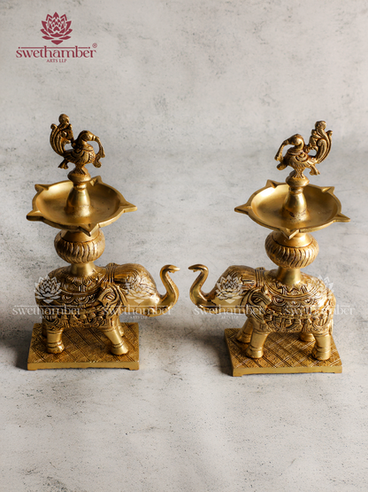 Brass Peacock Deepa on Elephant | Traditional Oil Lamp for Pooja, Vastu & Decor