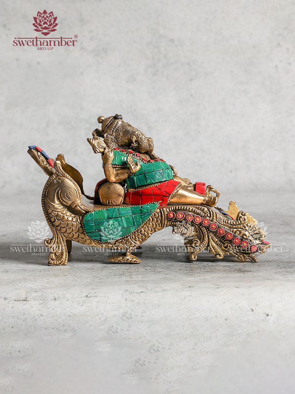 Relaxed Pose Brass Ganesha Statue With Stone Work