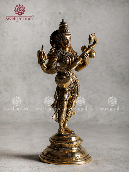 Standing Saraswati Idol | Brass Goddess Saraswati Statue with Veena for Home & Office Pooja