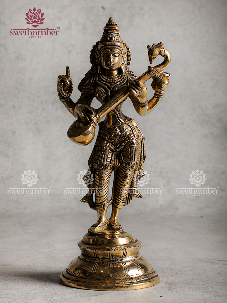 Standing Saraswati Idol | Brass Goddess Saraswati Statue with Veena for Home & Office Pooja