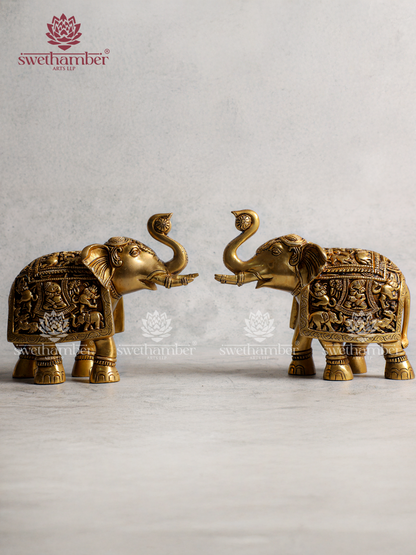 Brass Elephant Pair Trunk Up – Symbol of luck, prosperity & Vastu positivity.