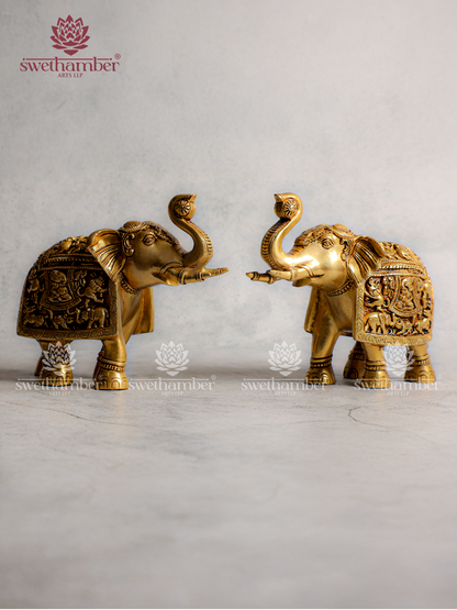 Brass Elephant Pair Trunk Up – Symbol of luck, prosperity & Vastu positivity.