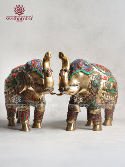 Brass Elephant Statue With Colorful Stones Work