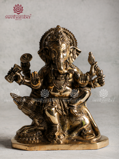 Brass Ganesha Idol Sitting on Mouse for Home & Office
