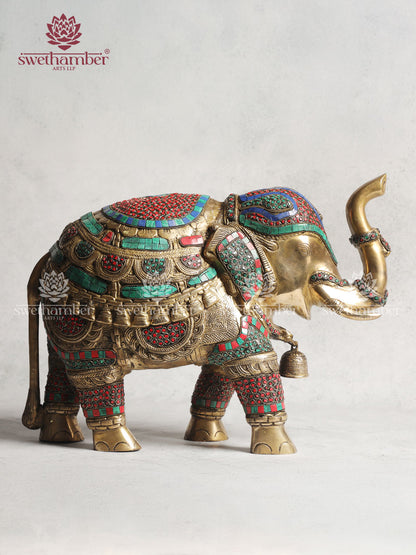 Brass Elephant Statue With Colorful Stones Work