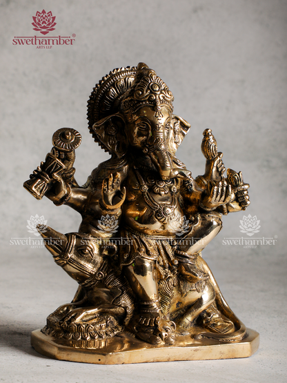 Brass Ganesha Idol Sitting on Mouse for Home & Office