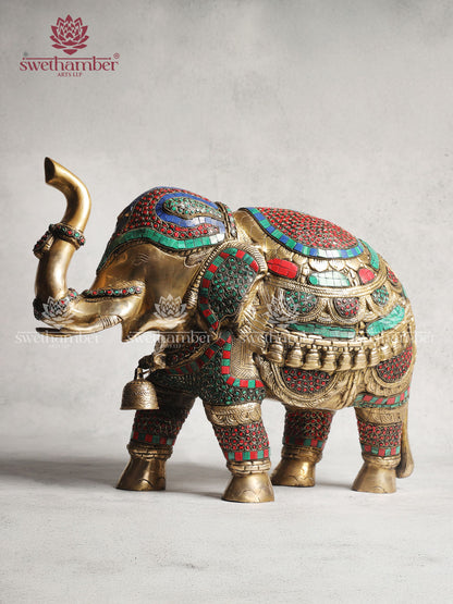 Brass Elephant Statue With Colorful Stones Work