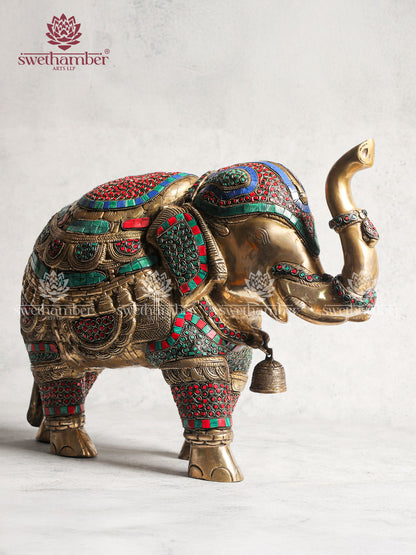 Brass Elephant Statue With Colorful Stones Work