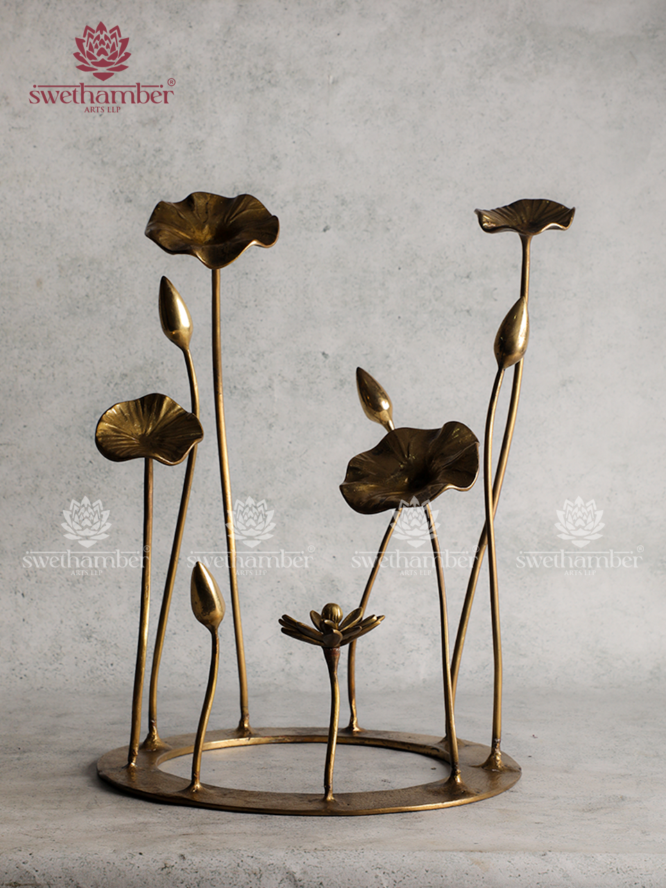 Brass Lotus Bud & Leaf Stand – Elegant Decorative Showpiece