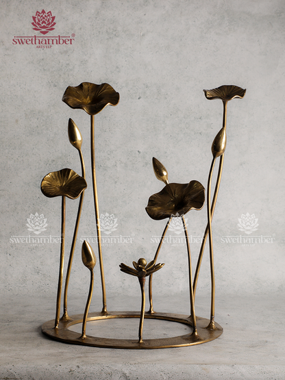 Brass Lotus Bud & Leaf Stand – Elegant Decorative Showpiece