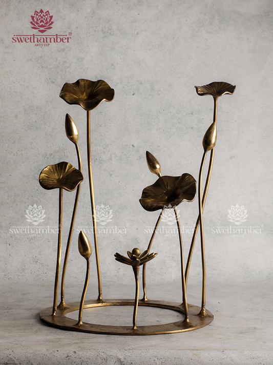 Brass Lotus Bud & Leaf Stand – Elegant Decorative Showpiece