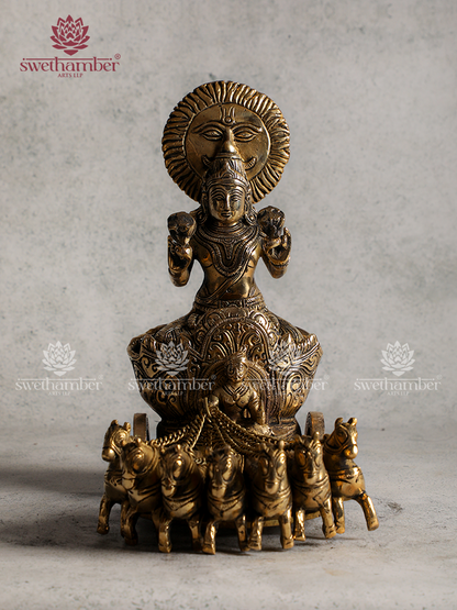Brass Surya Rath Statue – Sun God Chariot (Antique Finish)