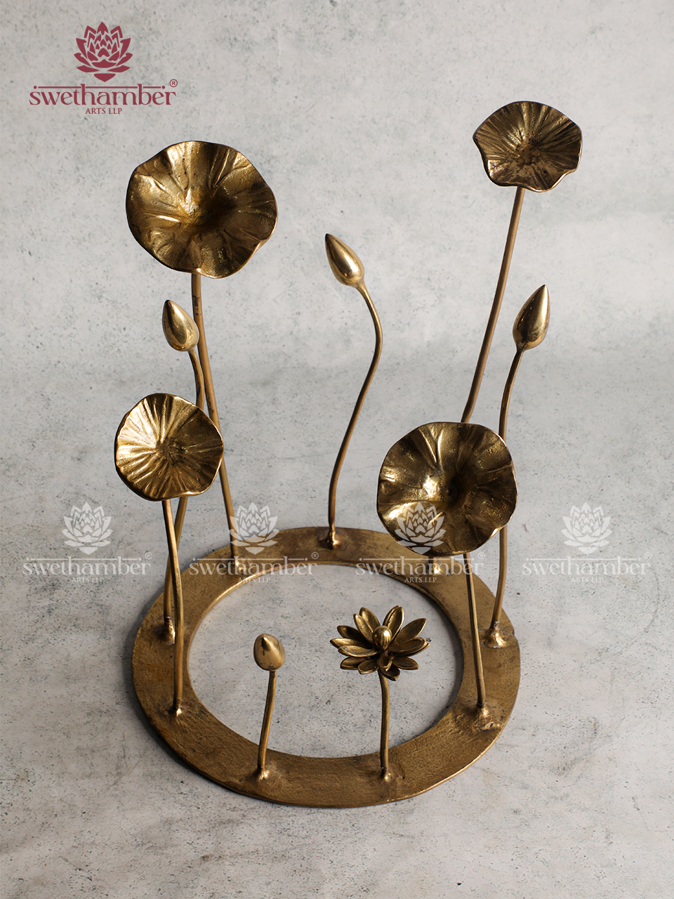 Brass Lotus Bud & Leaf Stand – Elegant Decorative Showpiece