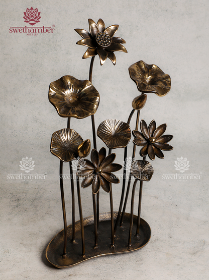 Handcrafted Brass Lotus with Leaf Stand for Home Décor