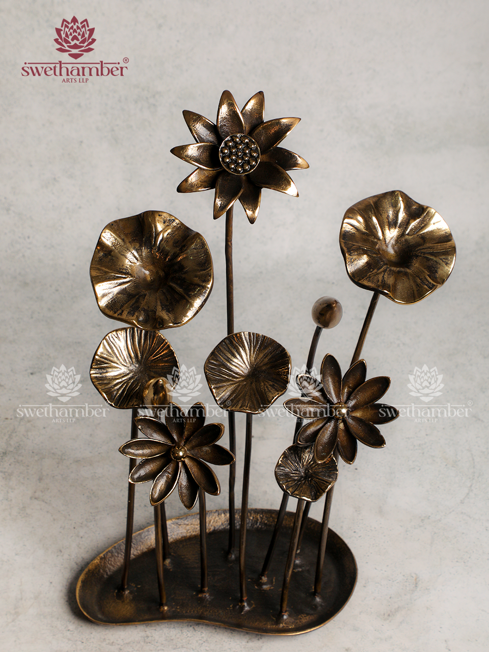 Handcrafted Brass Lotus with Leaf Stand for Home Décor