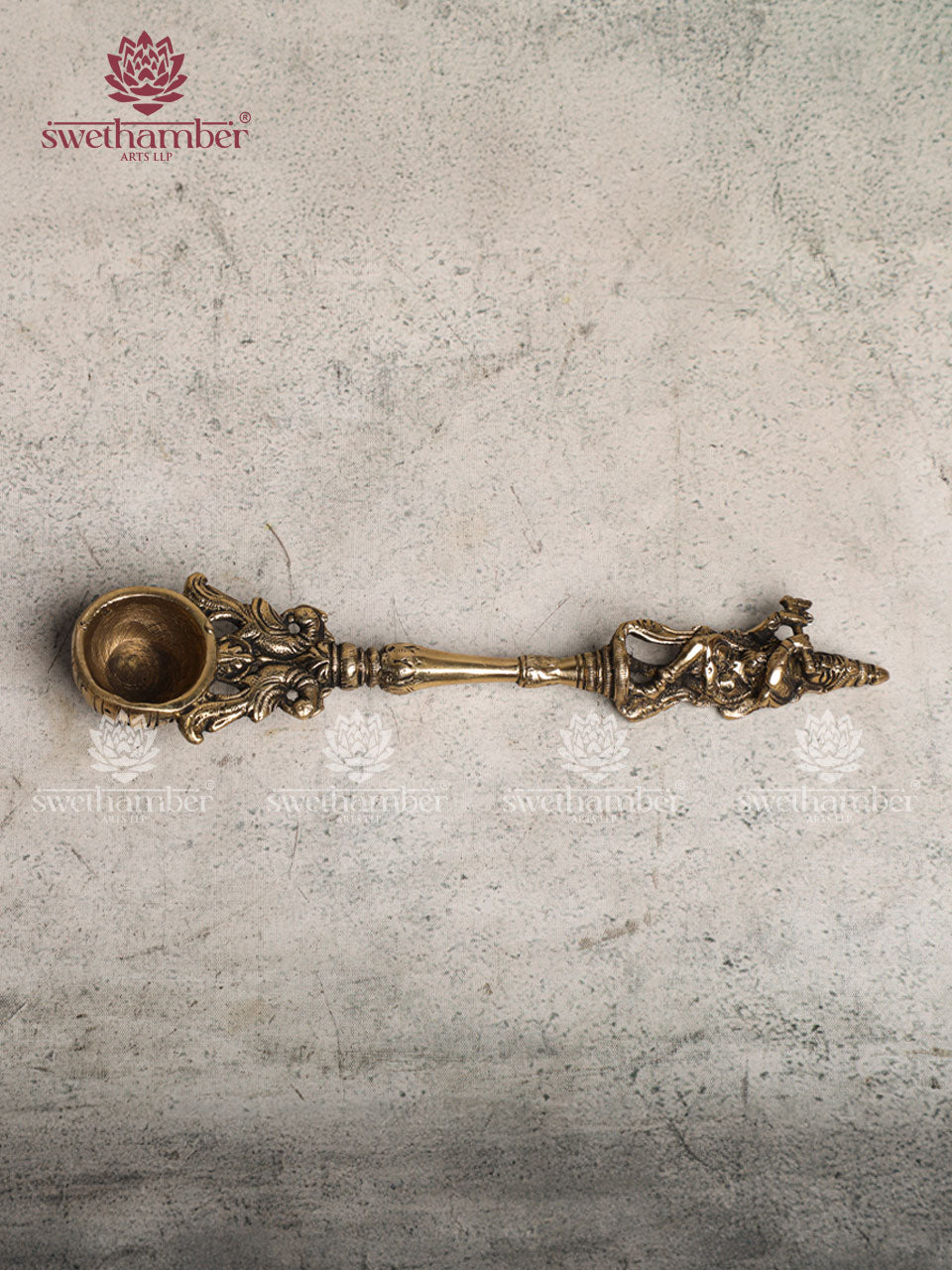 BRASS FINE AARTI SPOON WITH KRISHNA