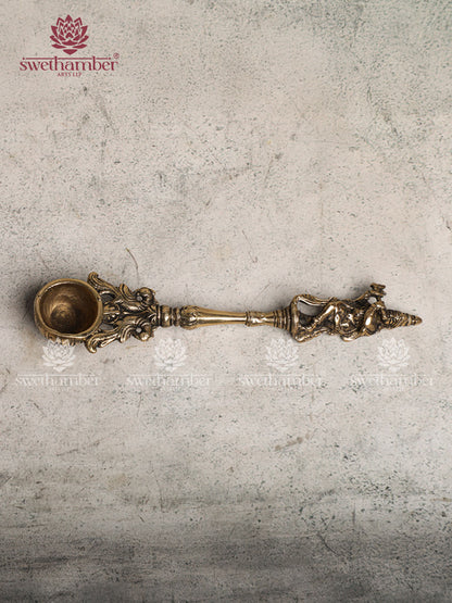 BRASS FINE AARTI SPOON WITH KRISHNA