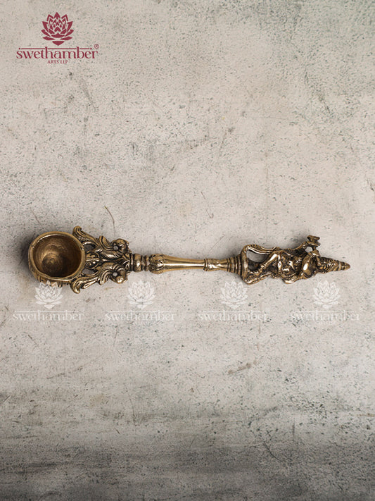 BRASS FINE AARTI SPOON WITH KRISHNA