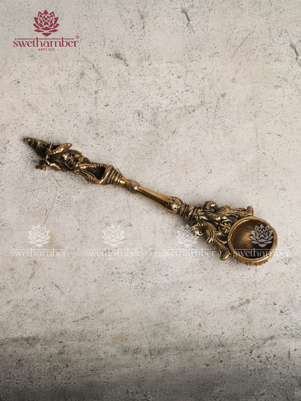 BRASS FINE AARTI SPOON WITH KRISHNA
