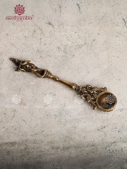 BRASS FINE AARTI SPOON WITH KRISHNA