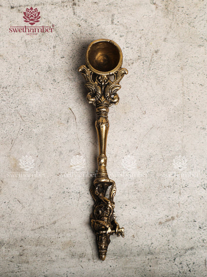 BRASS FINE AARTI SPOON WITH KRISHNA