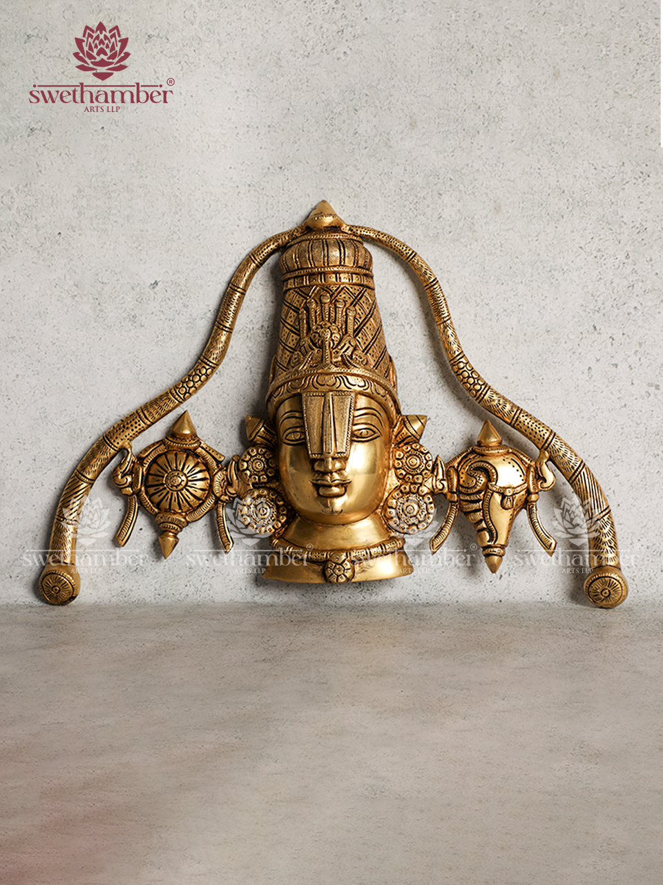 Lord Tirupati Balaji  Brass Face Wall Hanging Golden Shankh and Chakra