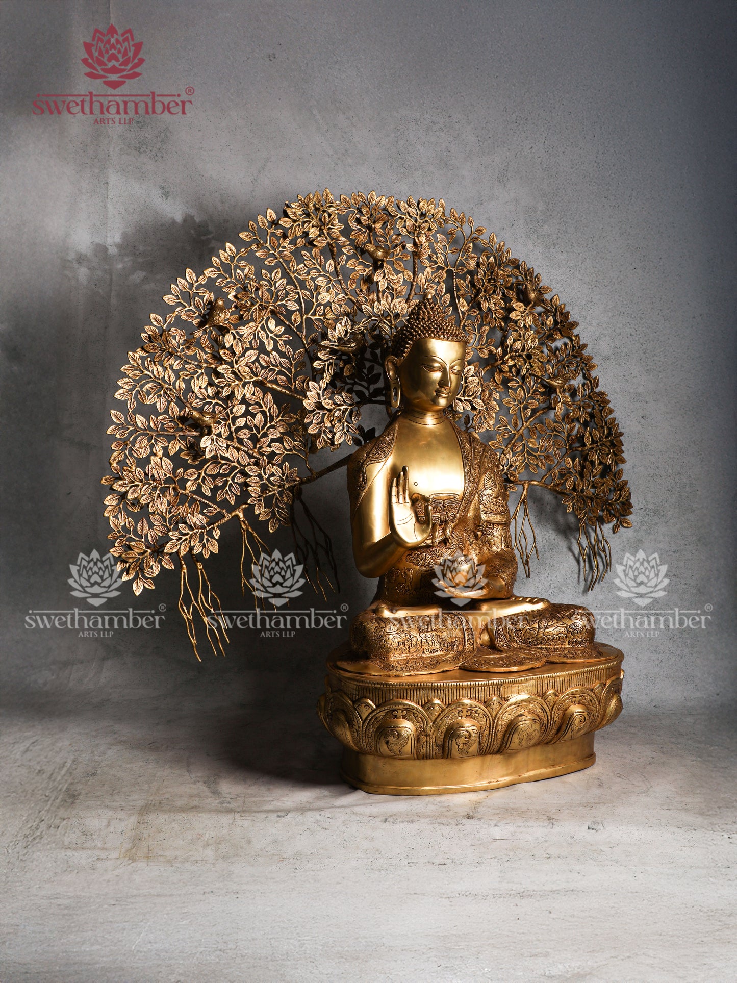 Large Brass Buddha sitting Under Tree