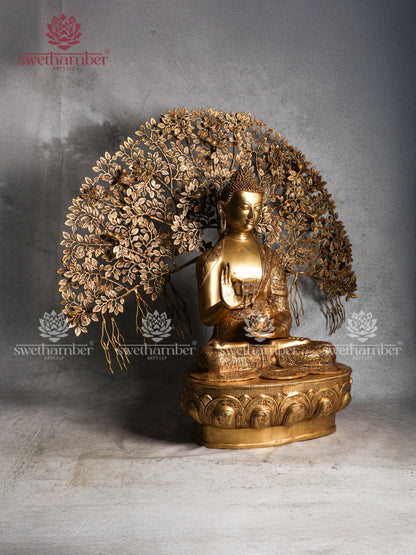 Large Brass Buddha sitting Under Tree