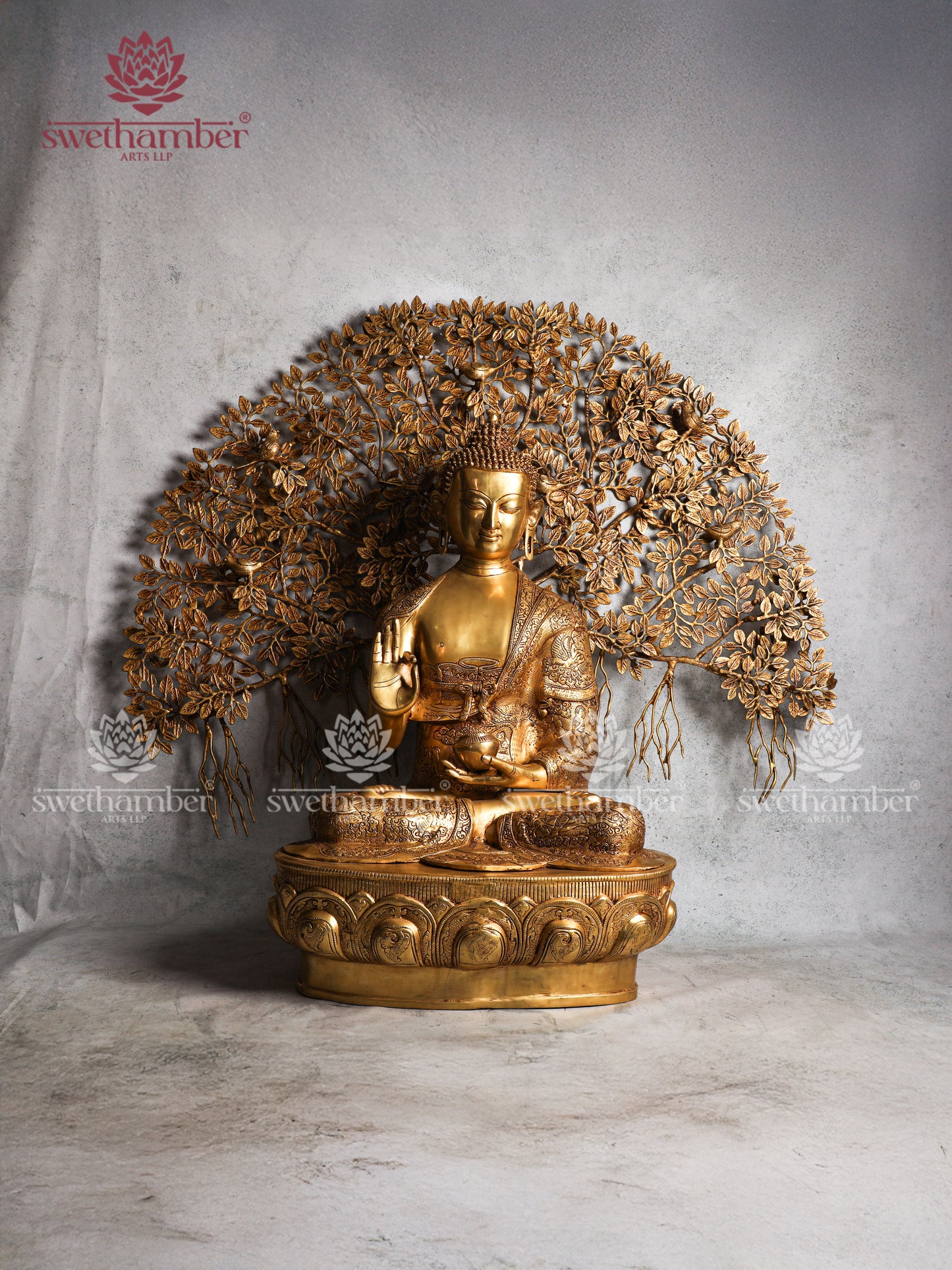 Large Brass Buddha sitting Under Tree