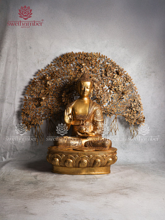 Large Brass Buddha sitting Under Tree