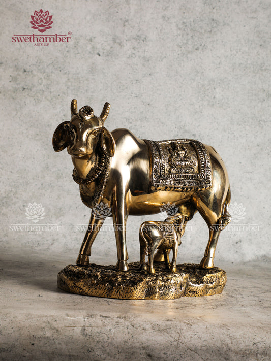 Brass Cow Calf Statue with engraved Lakshmi