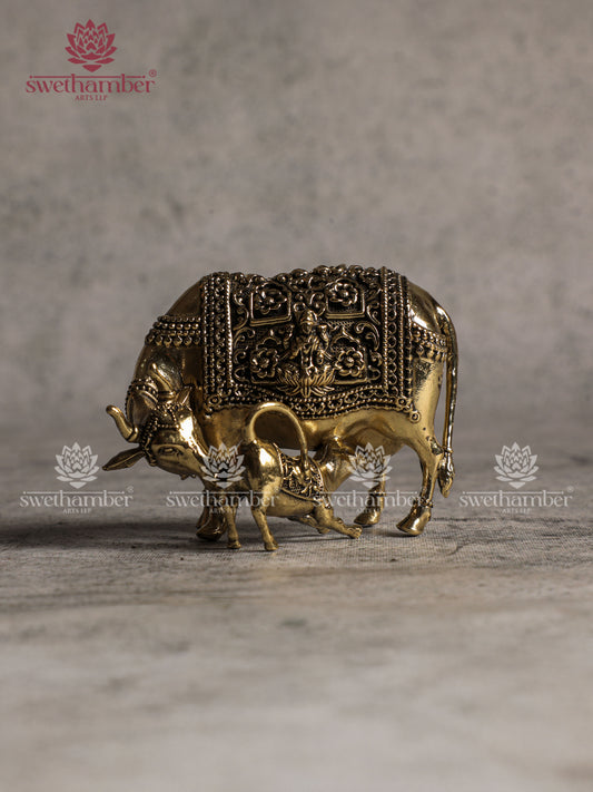Kamadhenu Cow & Calf Brass Statue for Pooja