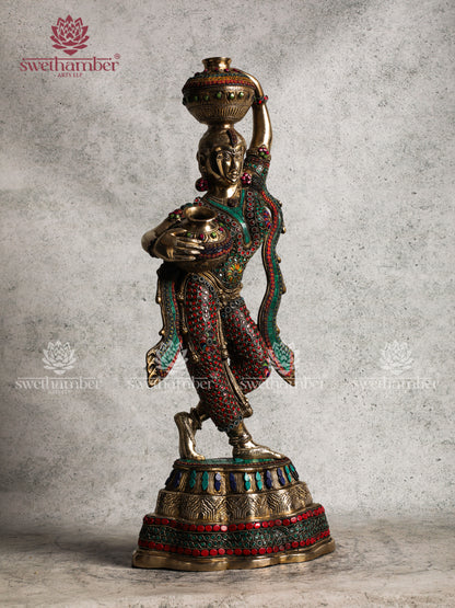 Brass Matka Lady with Colourful stones work