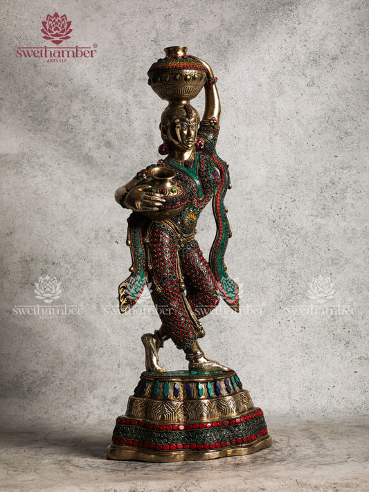 Brass Matka Lady with Colourful stones work