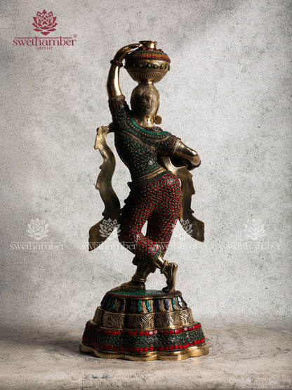 Brass Matka Lady with Colourful stones work