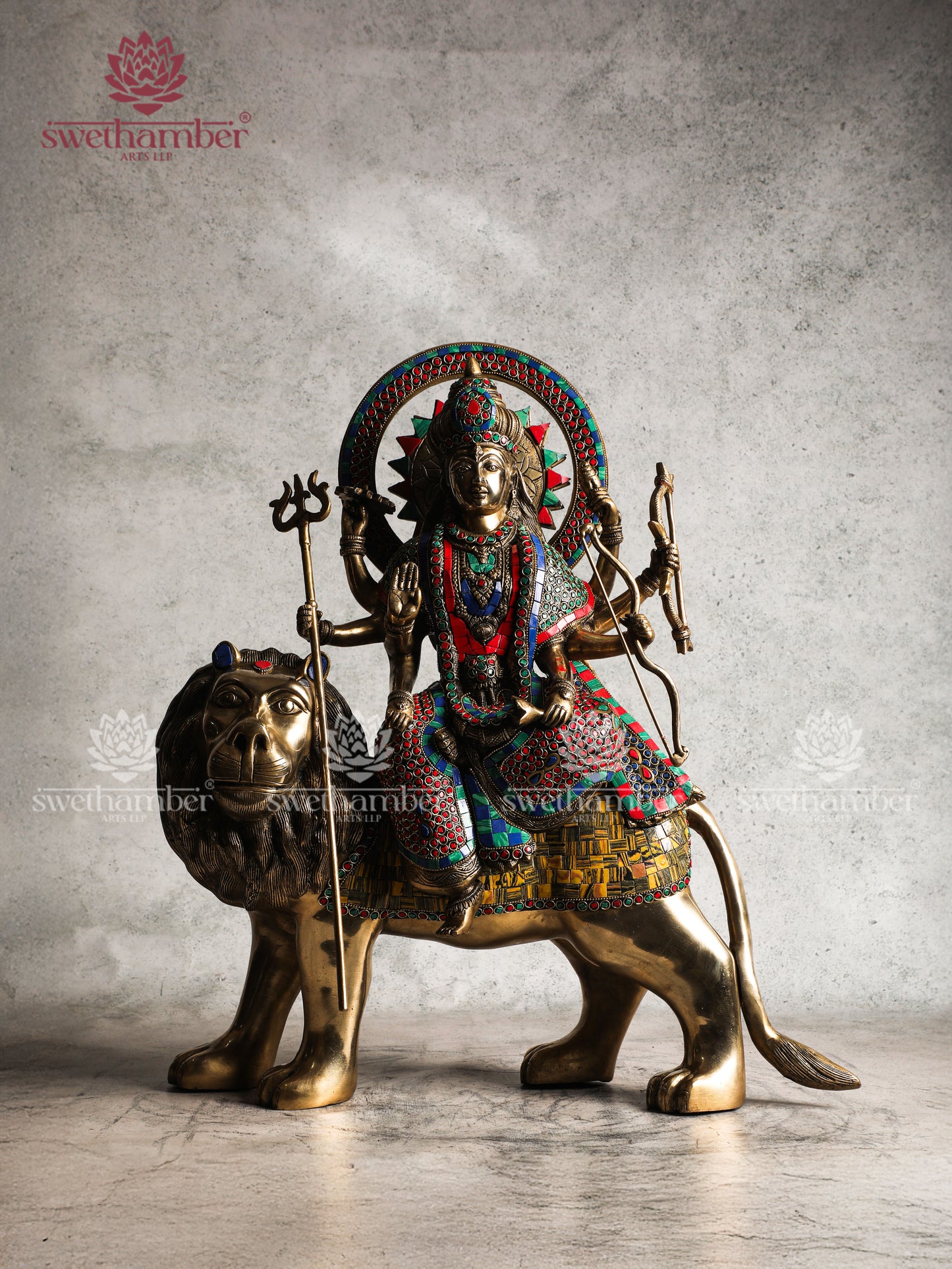 Brass Durga on Lion Idol for Home, Office & Temple Decor