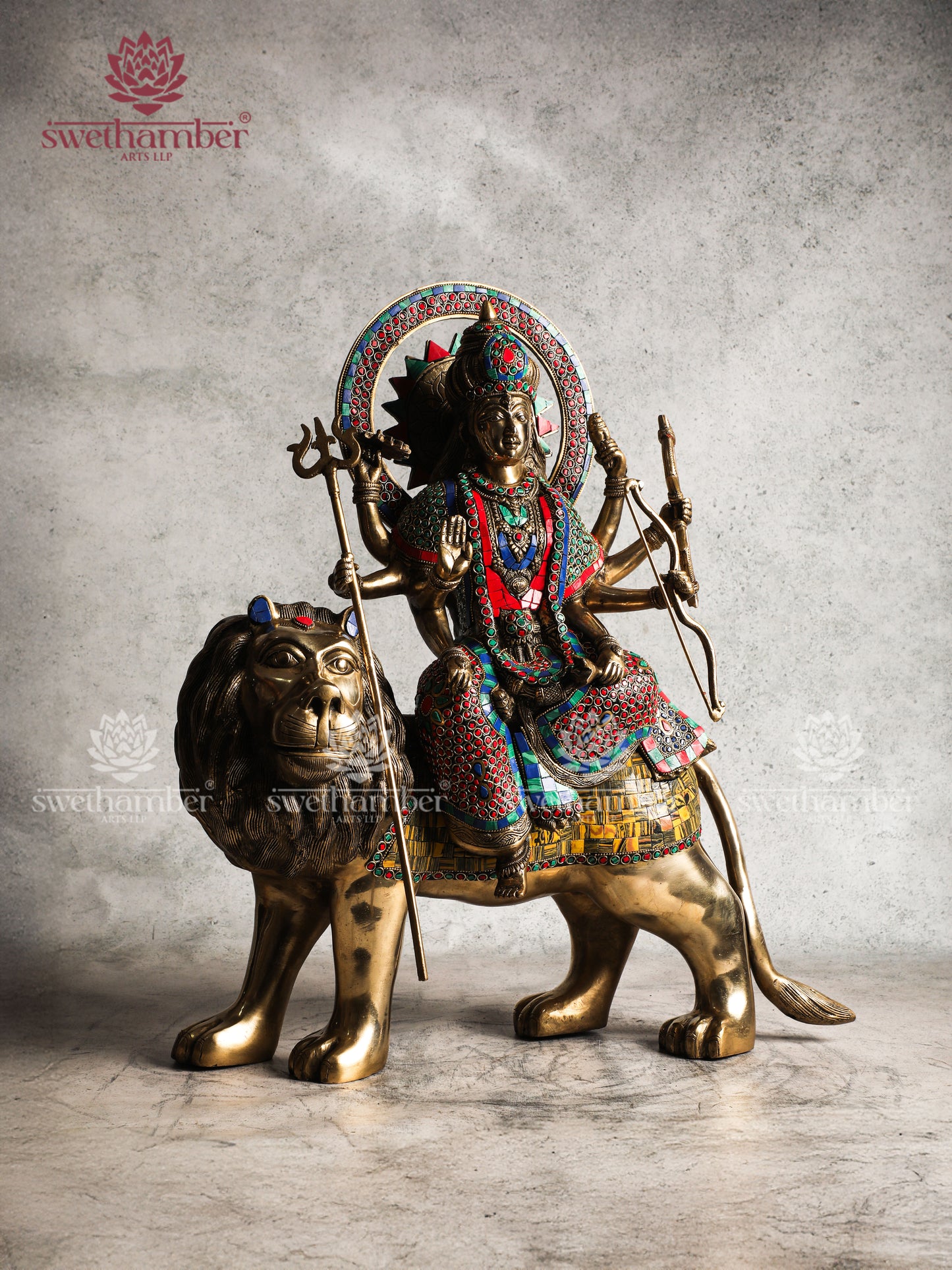 Brass Durga on Lion Idol for Home, Office & Temple Decor