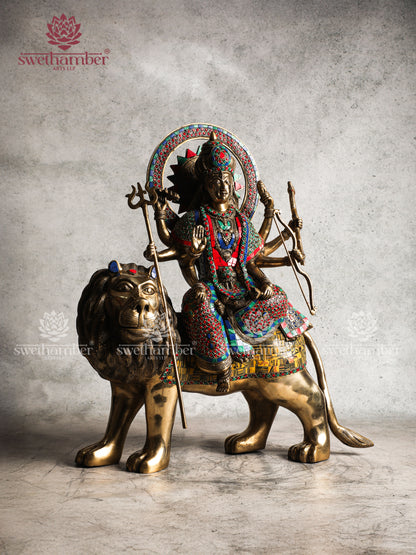 Brass Durga on Lion Idol for Home, Office & Temple Decor